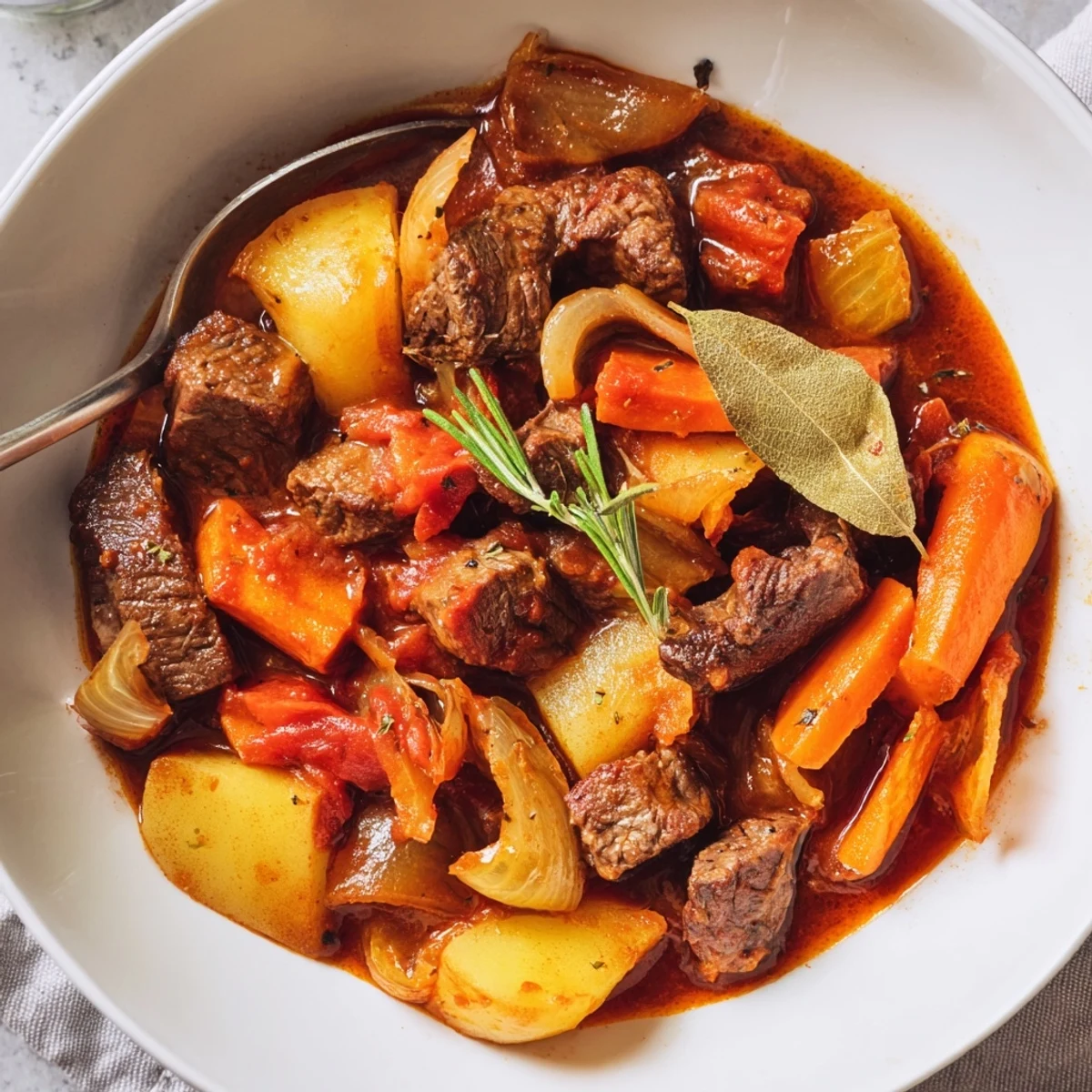 Spezzatino Di Manzo Italian Beef Stew bubbling in Dutch oven, aroma of herbs