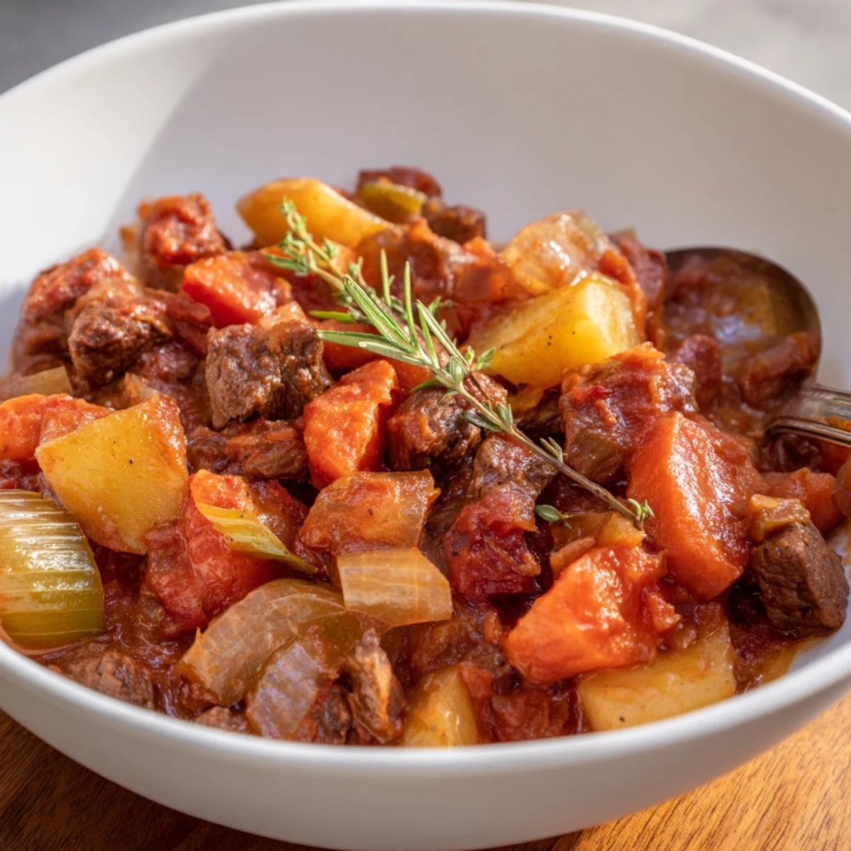 Bowl of rich Spezzatino Di Manzo Italian Beef Stew topped with thyme