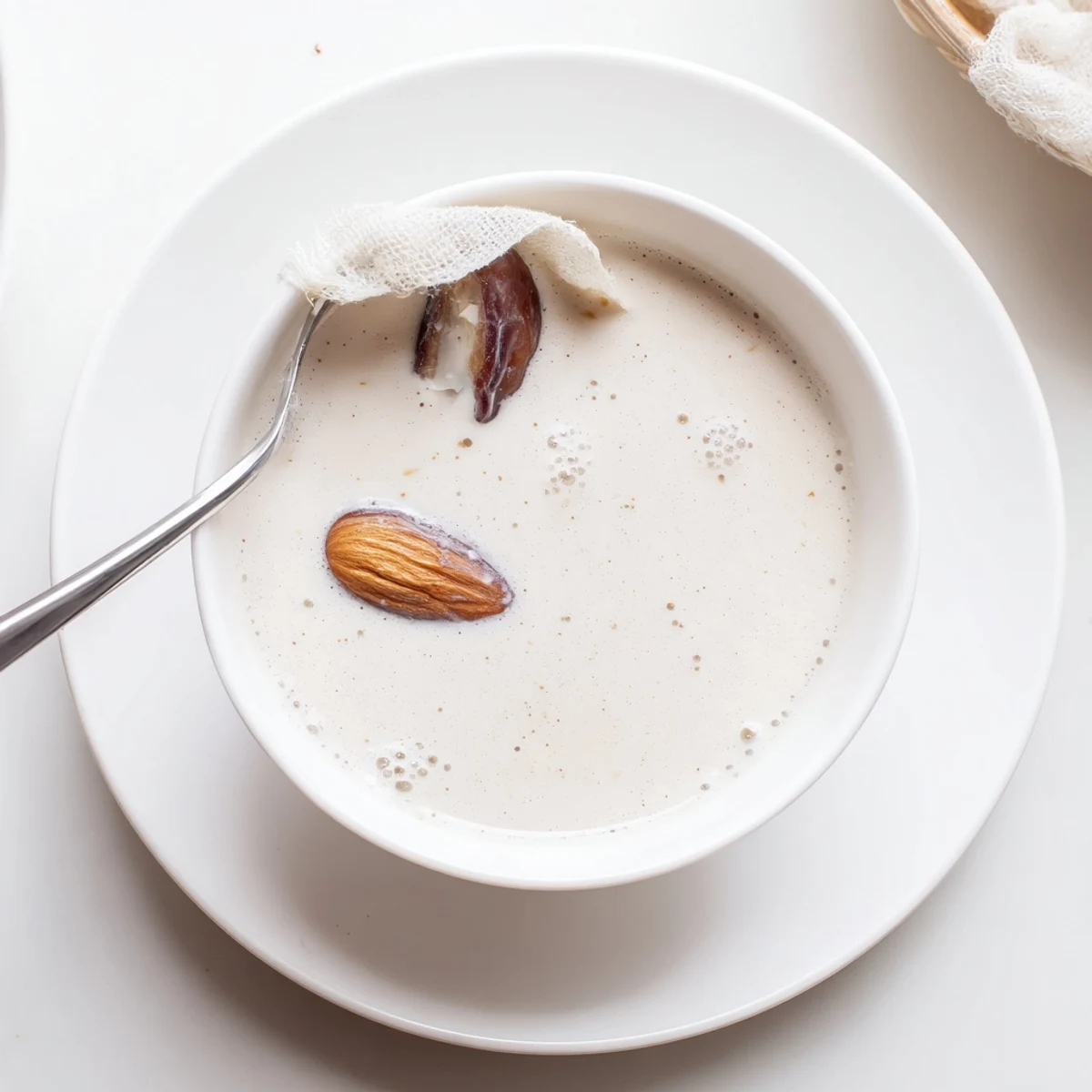 Creamy Almond Milk in glass jar, lightly vanilla-scented, chilled for coffee.