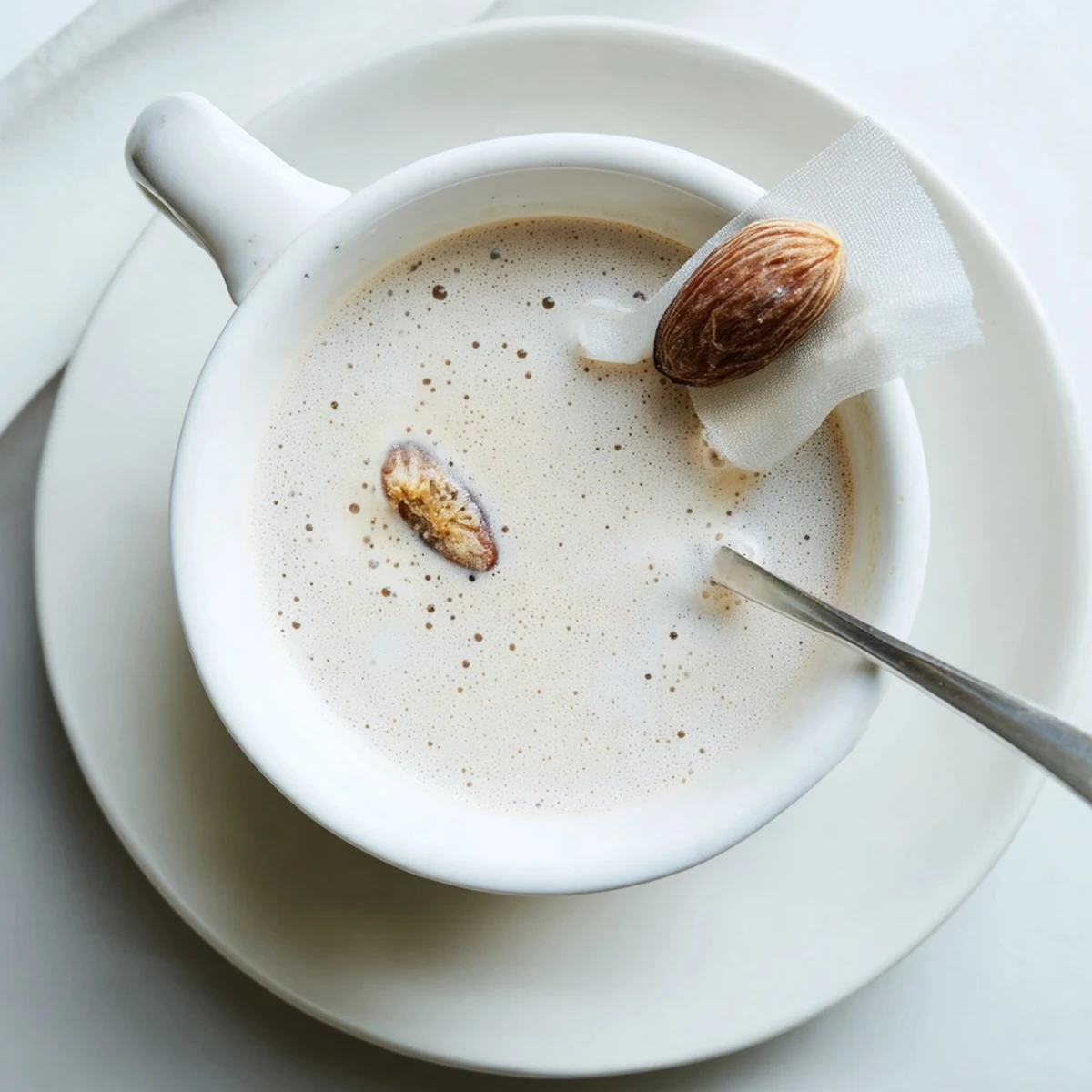 Straining homemade Almond Milk through cheesecloth, revealing smooth, silky texture.