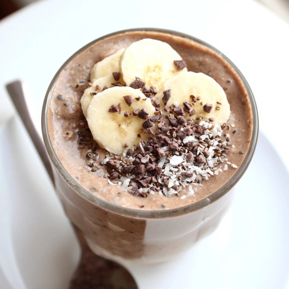 Creamy Raw Chocolate Banana Shake topped with banana slices and cacao nibs