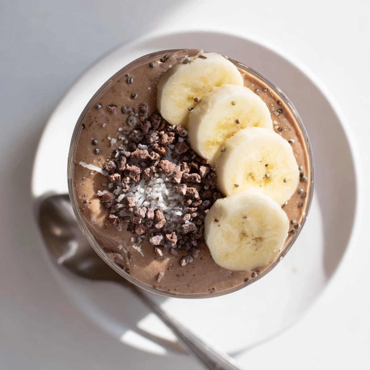 Refreshing Raw Chocolate Banana Shake served for breakfast with almond milk