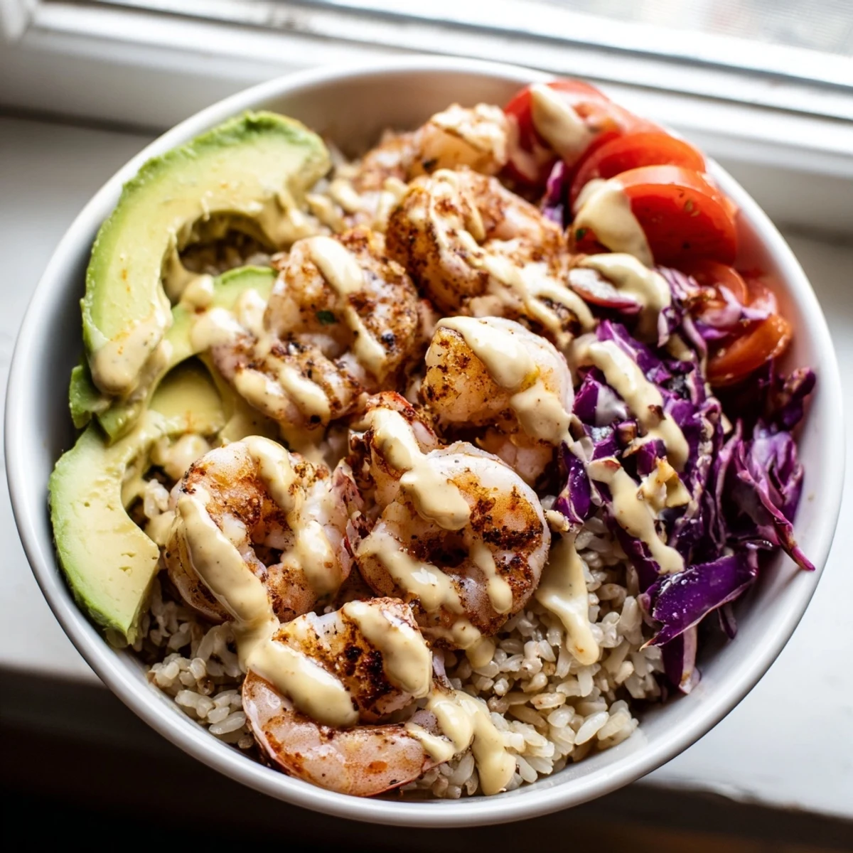 Golden seared shrimp grain bowl topped with fresh avocado, crisp cabbage, and zesty lime dressing
