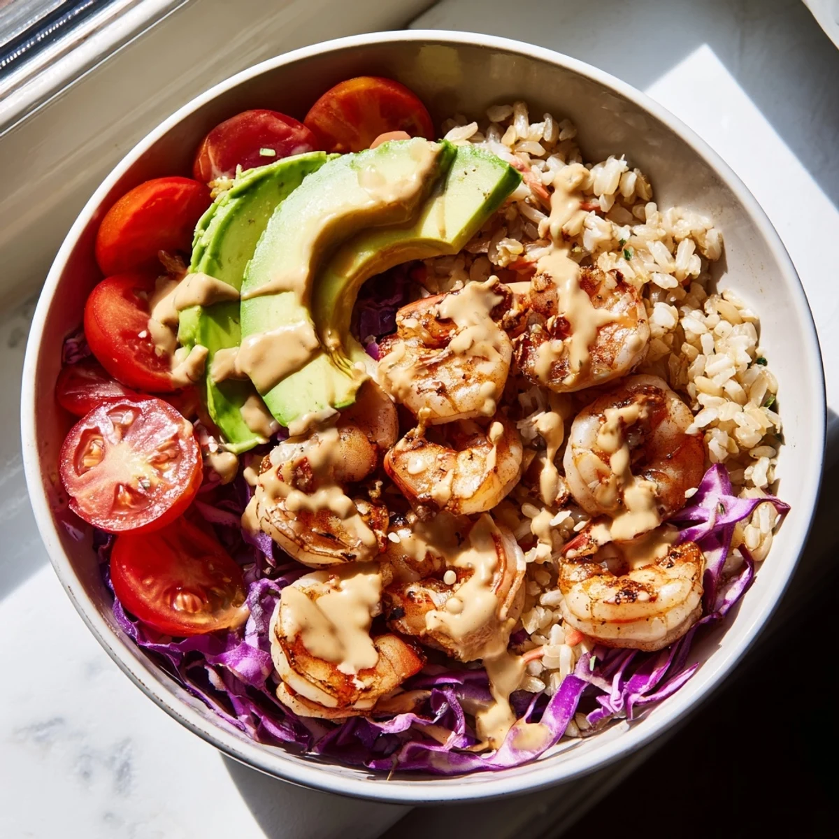 Colorful shrimp grain bowl featuring perfectly pink seasoned shrimp over nutty brown rice and vibrant vegetables