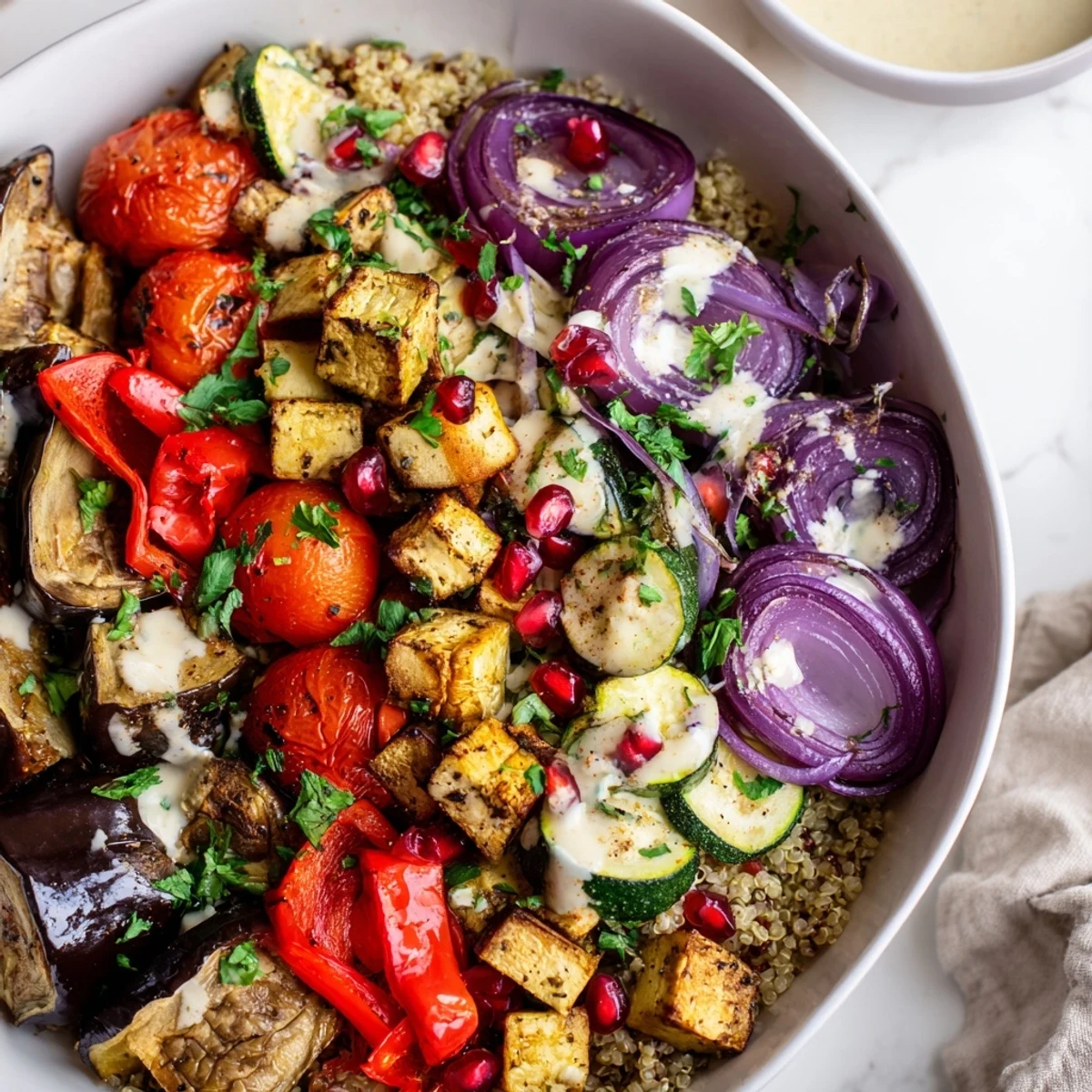Roasted eggplant grain bowl topped with vibrant vegetables and creamy tahini drizzle