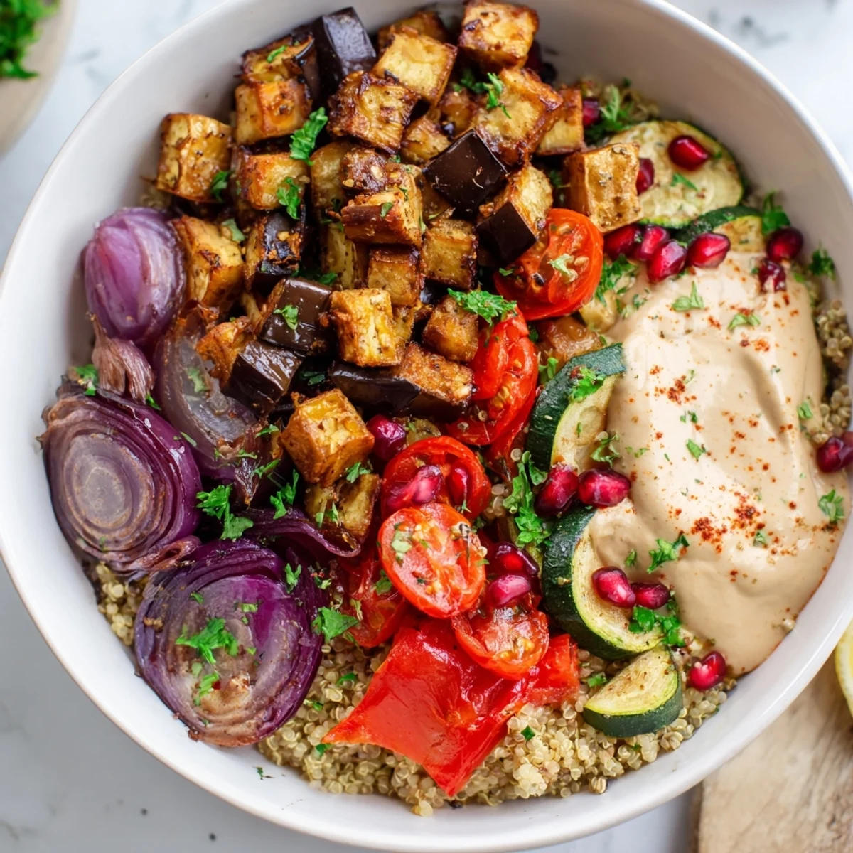 Golden roasted eggplant grain bowl featuring colorful veggies and zesty tahini dressing