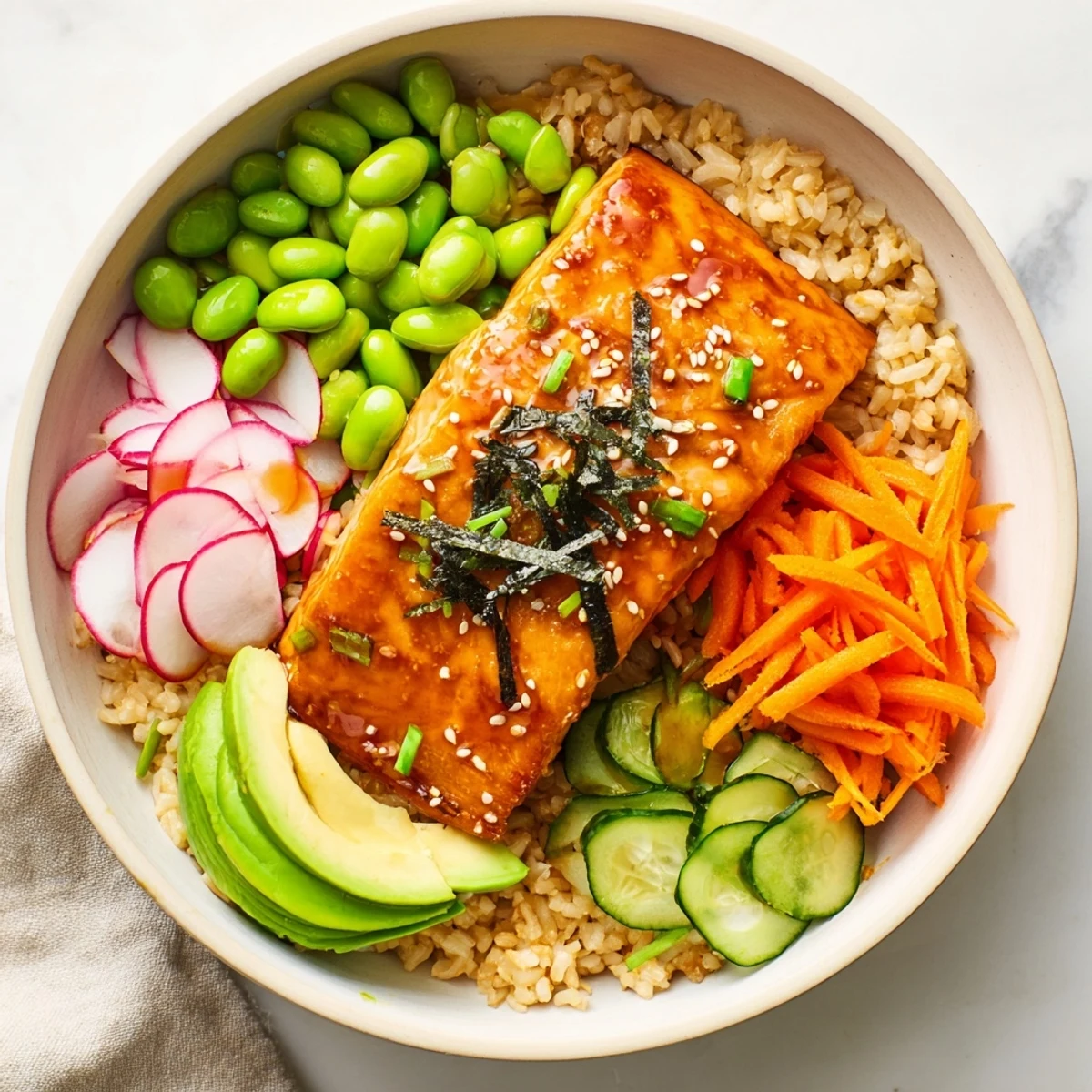 Miso salmon grain bowl topped with fresh avocado, edamame, and shredded carrots