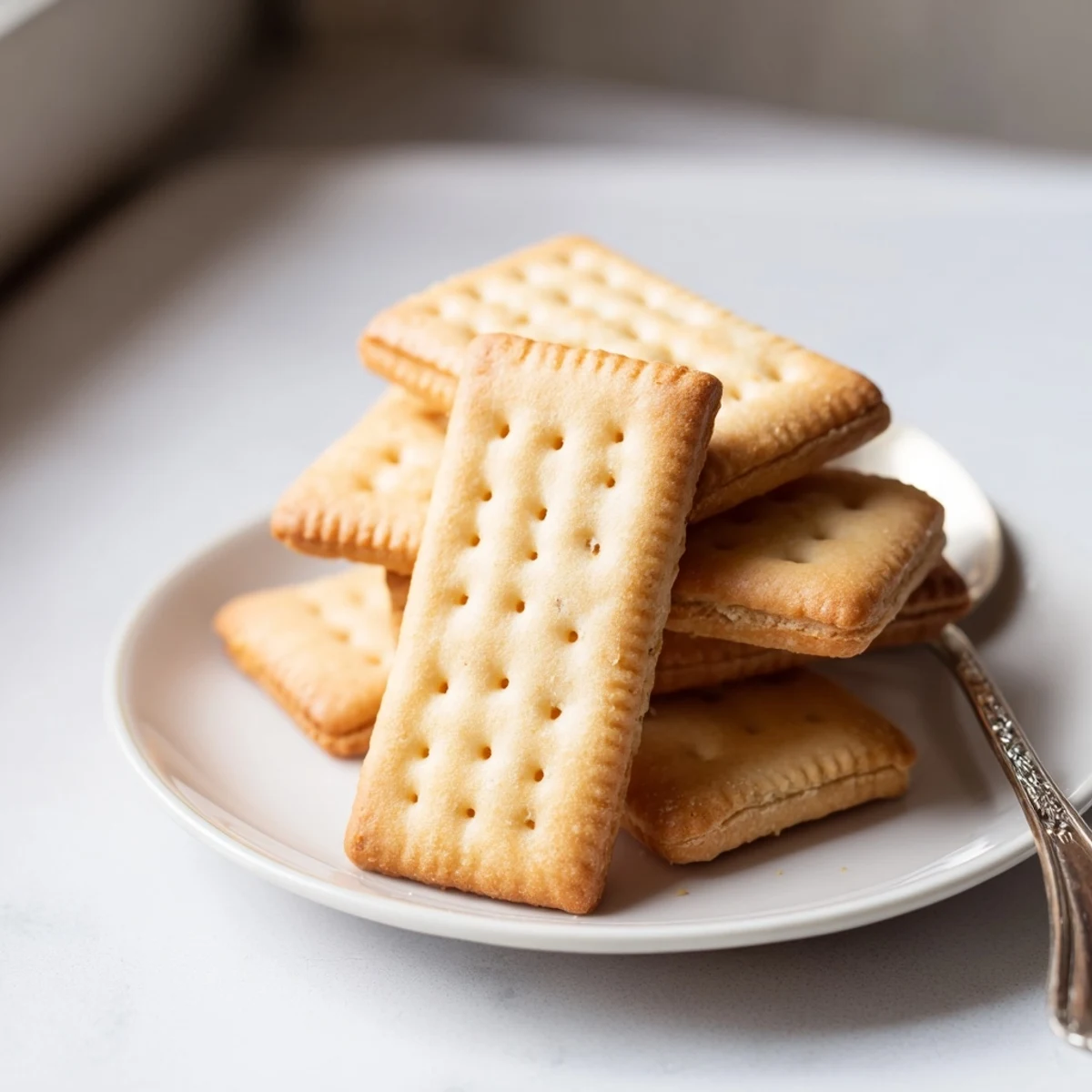 Buttery petit beurre biscuits stacked beside a steaming mug of afternoon tea
