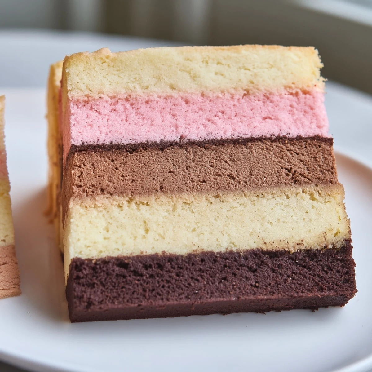 Colorful Neapolitan Cookies with chocolate, vanilla, and strawberry layers on a rustic baking sheet