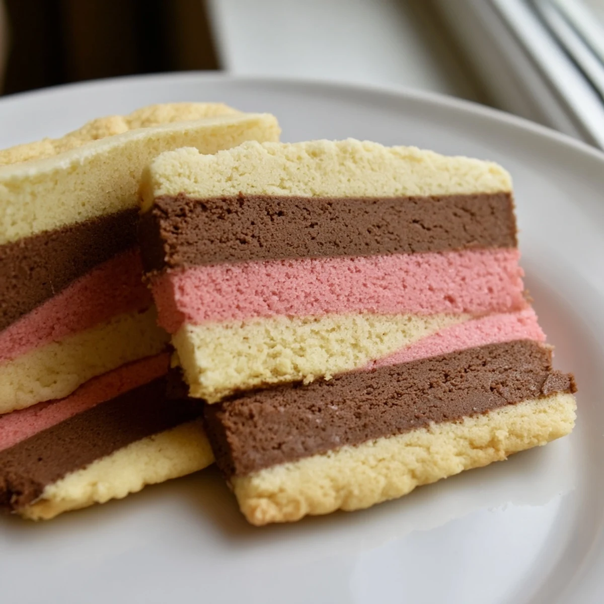 A plate of freshly baked Neapolitan Cookies showing tri-colored dough slices with golden edges