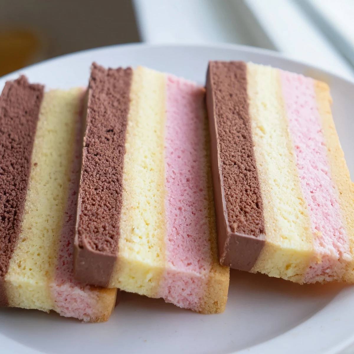 Neapolitan Cookies arranged on a wire rack displaying rich chocolate, creamy vanilla, and pink strawberry bands