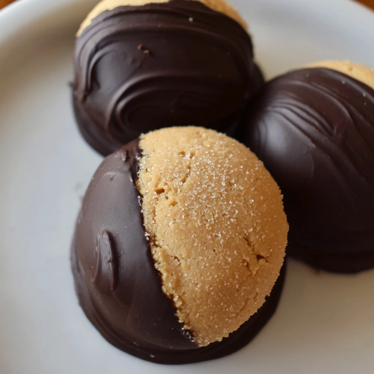 Homemade Buckeye Cookies with glossy chocolate shells revealing golden peanut butter filling underneath