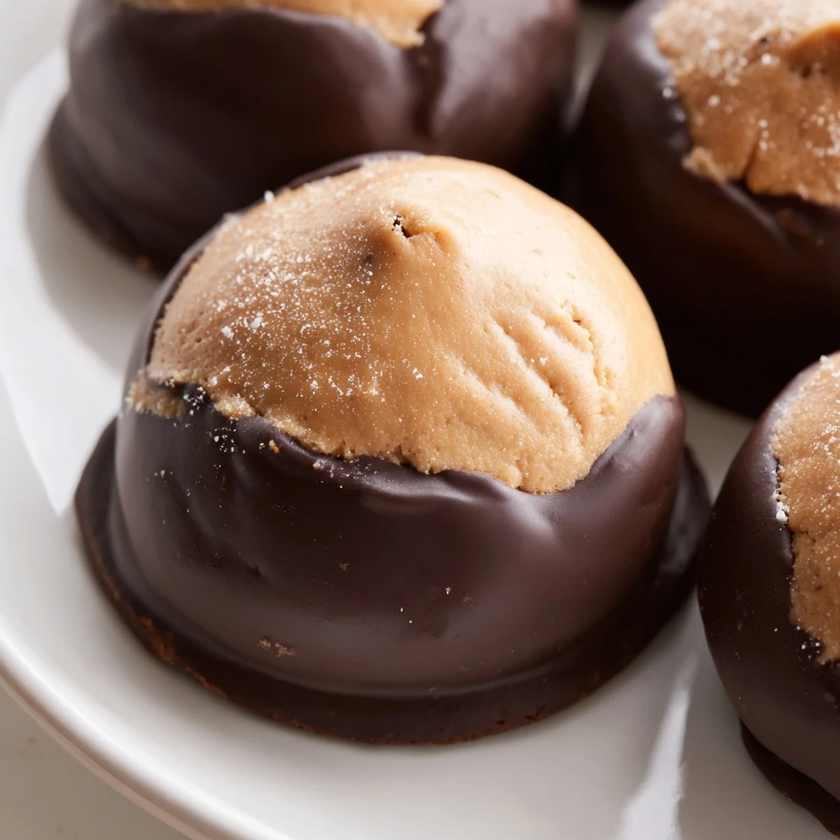 Chilled Buckeye Cookies arranged on parchment showing smooth chocolate coating and peanut butter tops