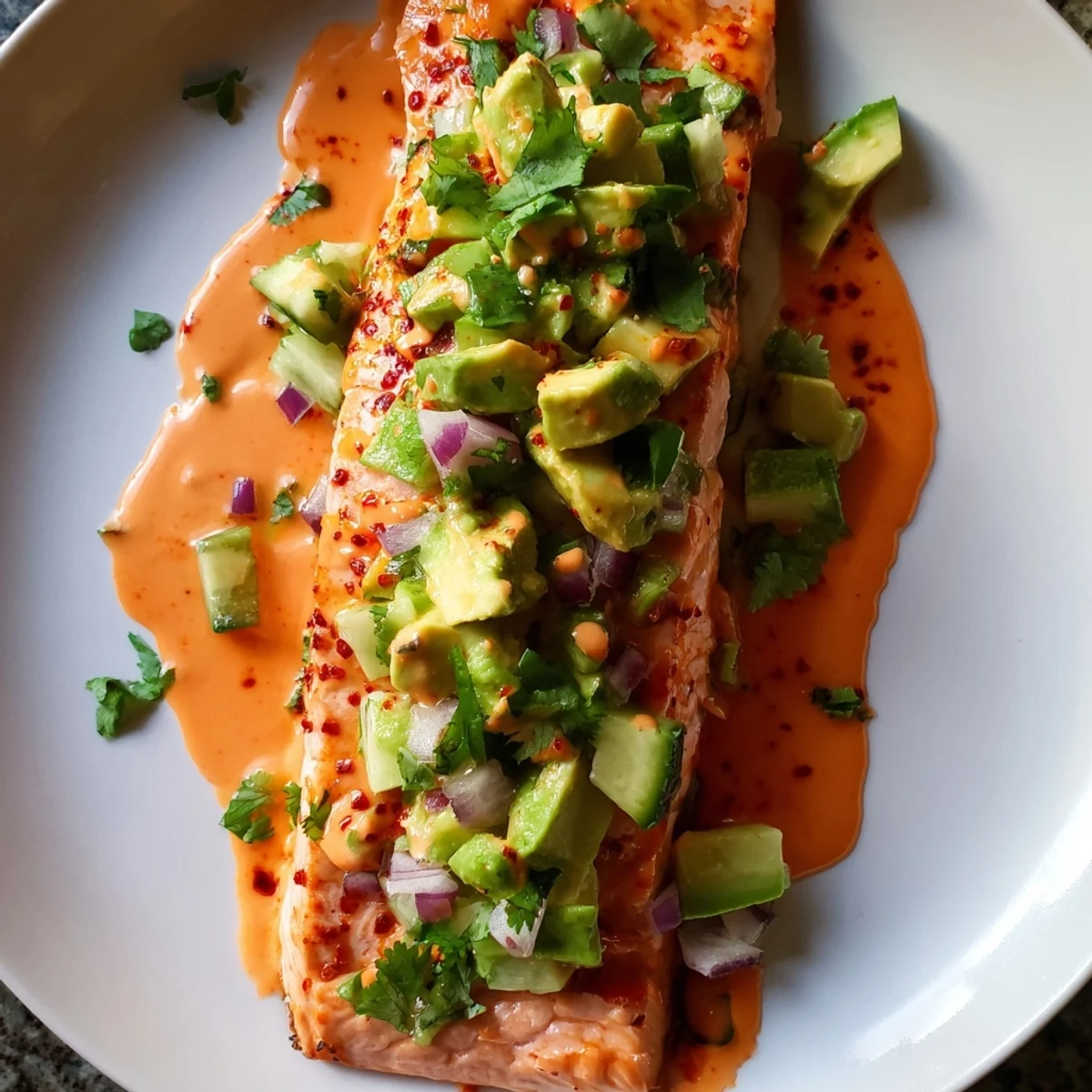 Crispy baked bang bang salmon topped with creamy spicy sauce and fresh avocado cucumber salsa