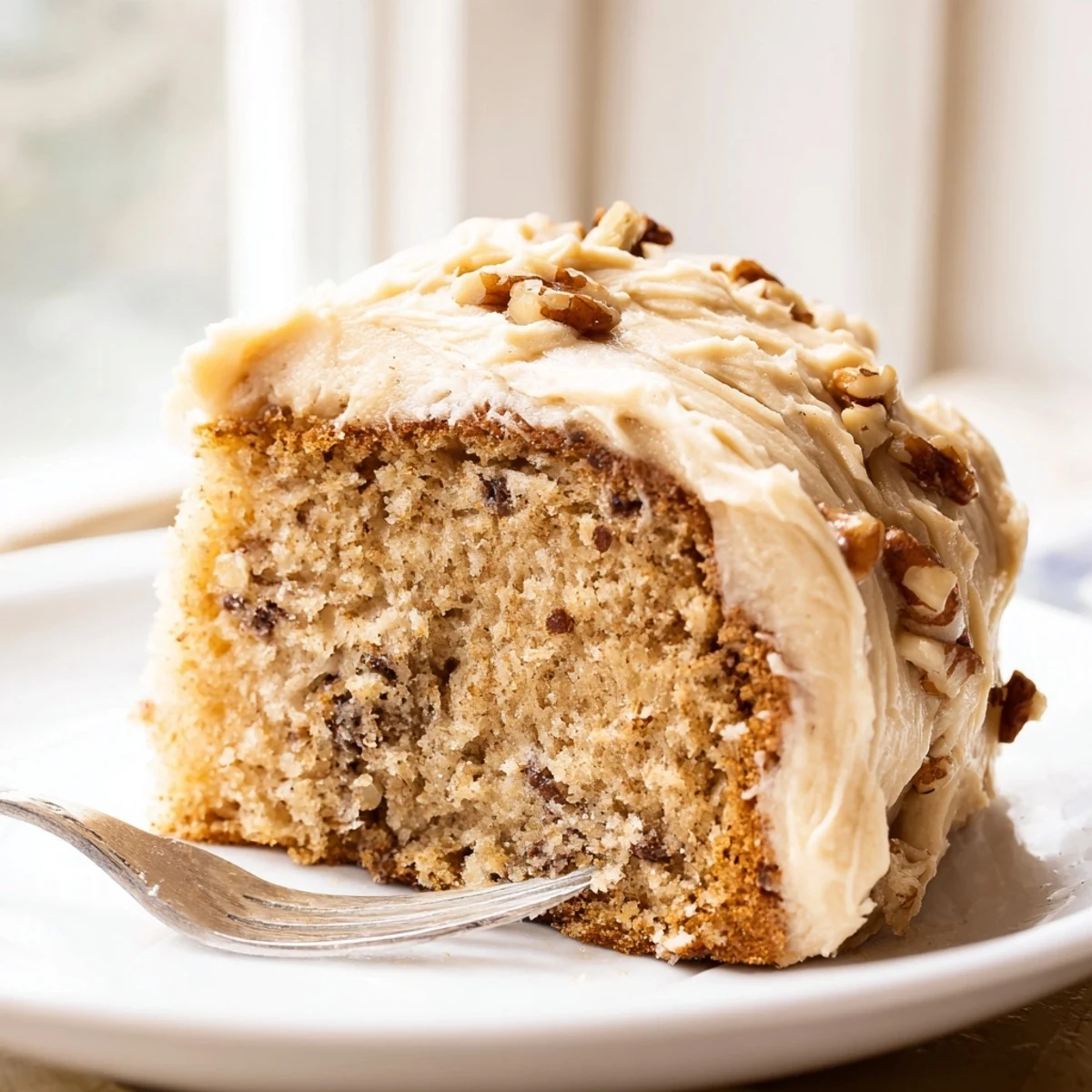 Warm banana cake slice topped with creamy vanilla frosting and chopped walnuts