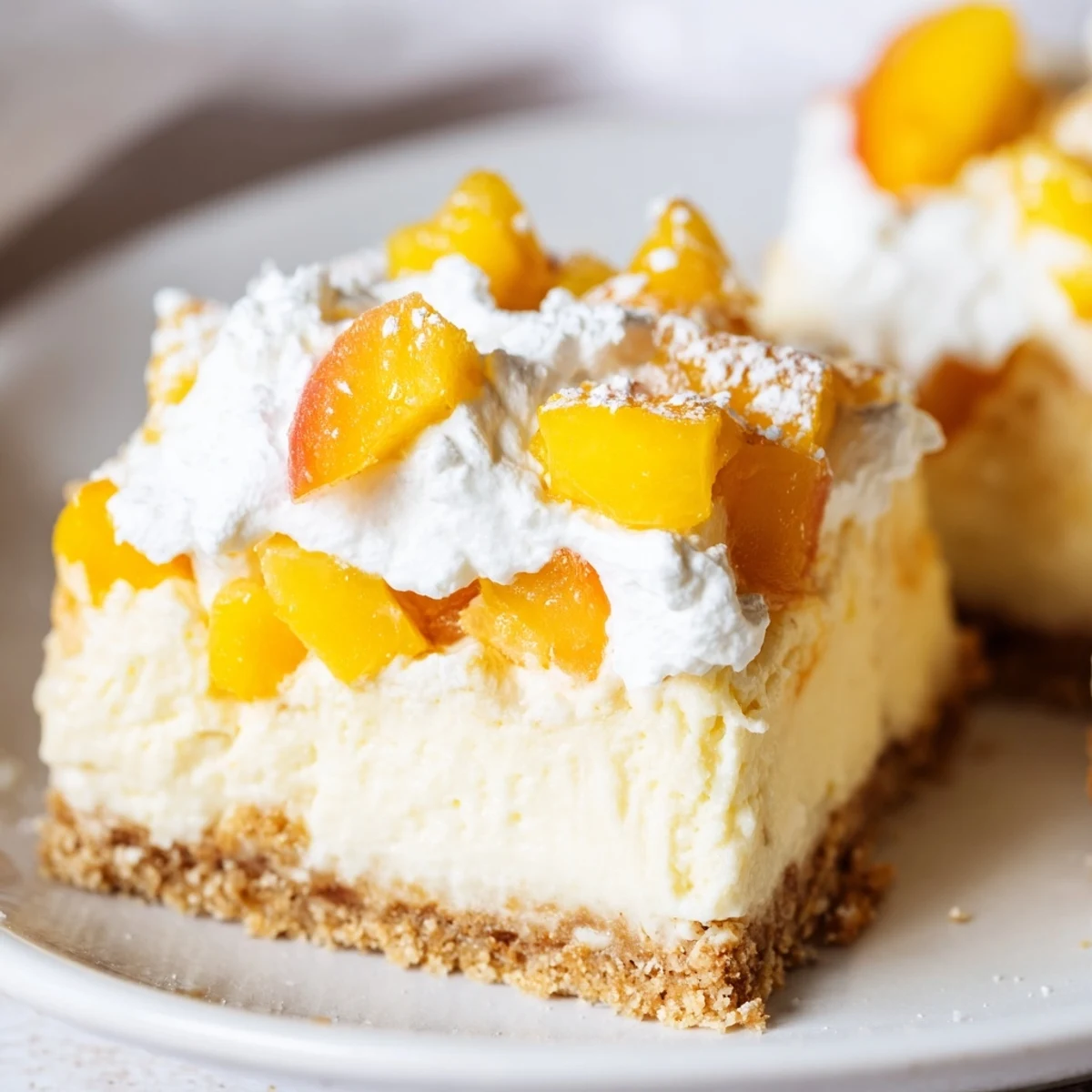 Chilled peaches and cream cheesecake bars on a rustic summer dessert table with ripe peaches