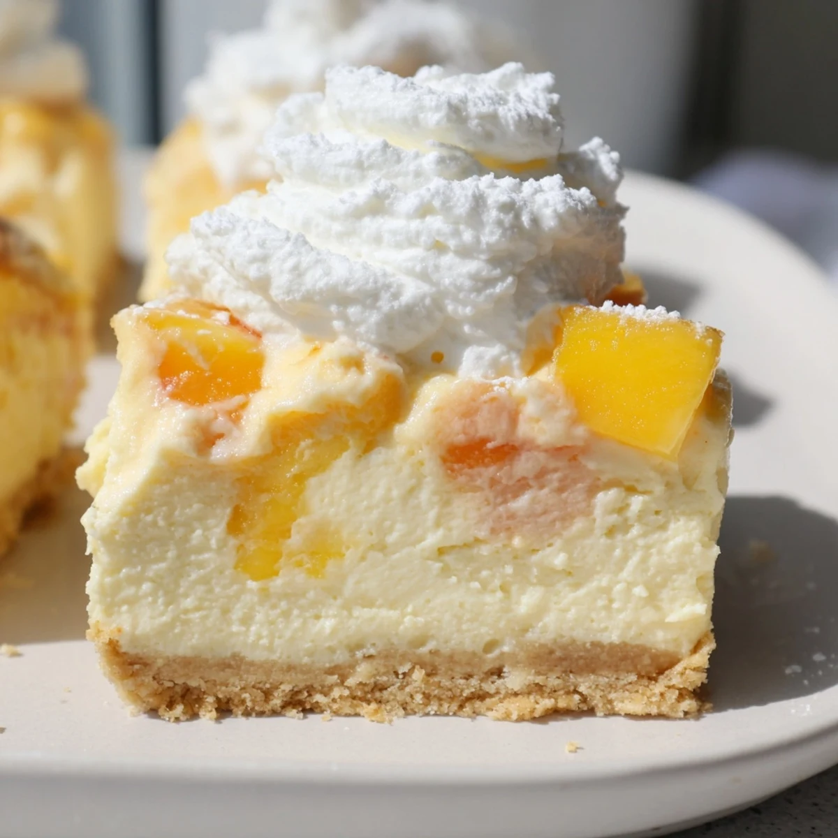 Creamy peaches and cream cheesecake bars with golden graham crust and fresh peach slices