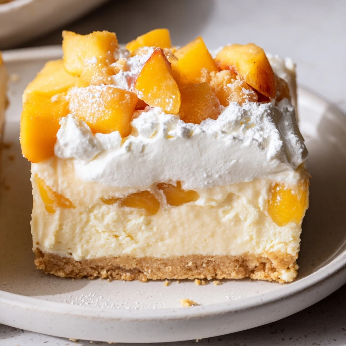 Golden peaches and cream cheesecake bars sliced and topped with billowy whipped cream dollops