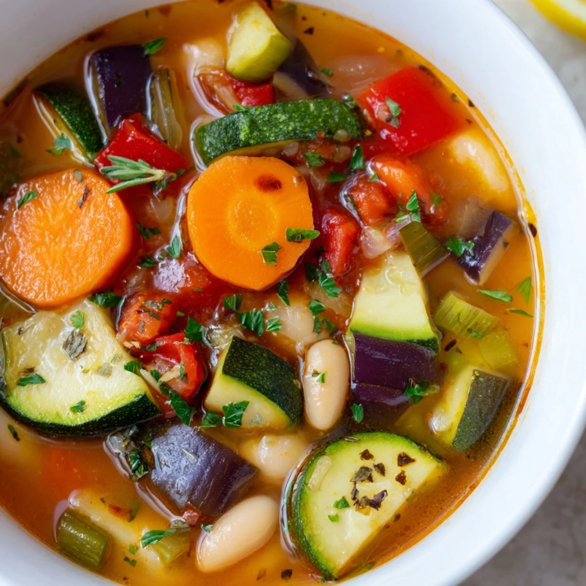 Steaming bowl of Mediterranean Soup topped with fresh parsley and a bright lemon wedge