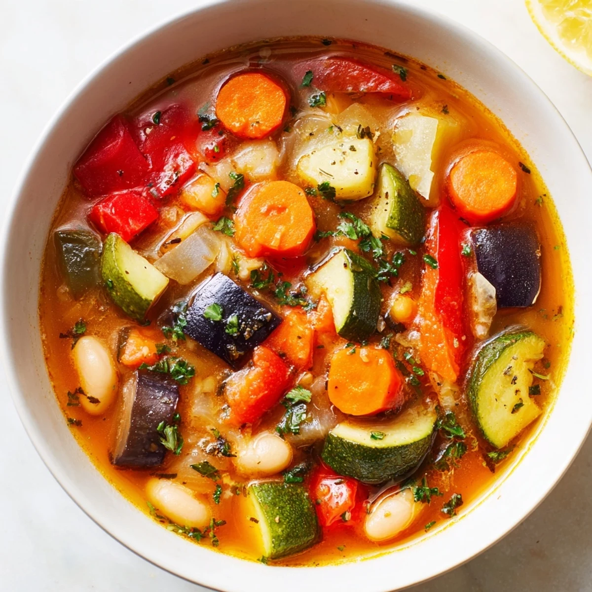 Colorful Mediterranean Soup loaded with tender vegetables and creamy white beans in a rustic bowl