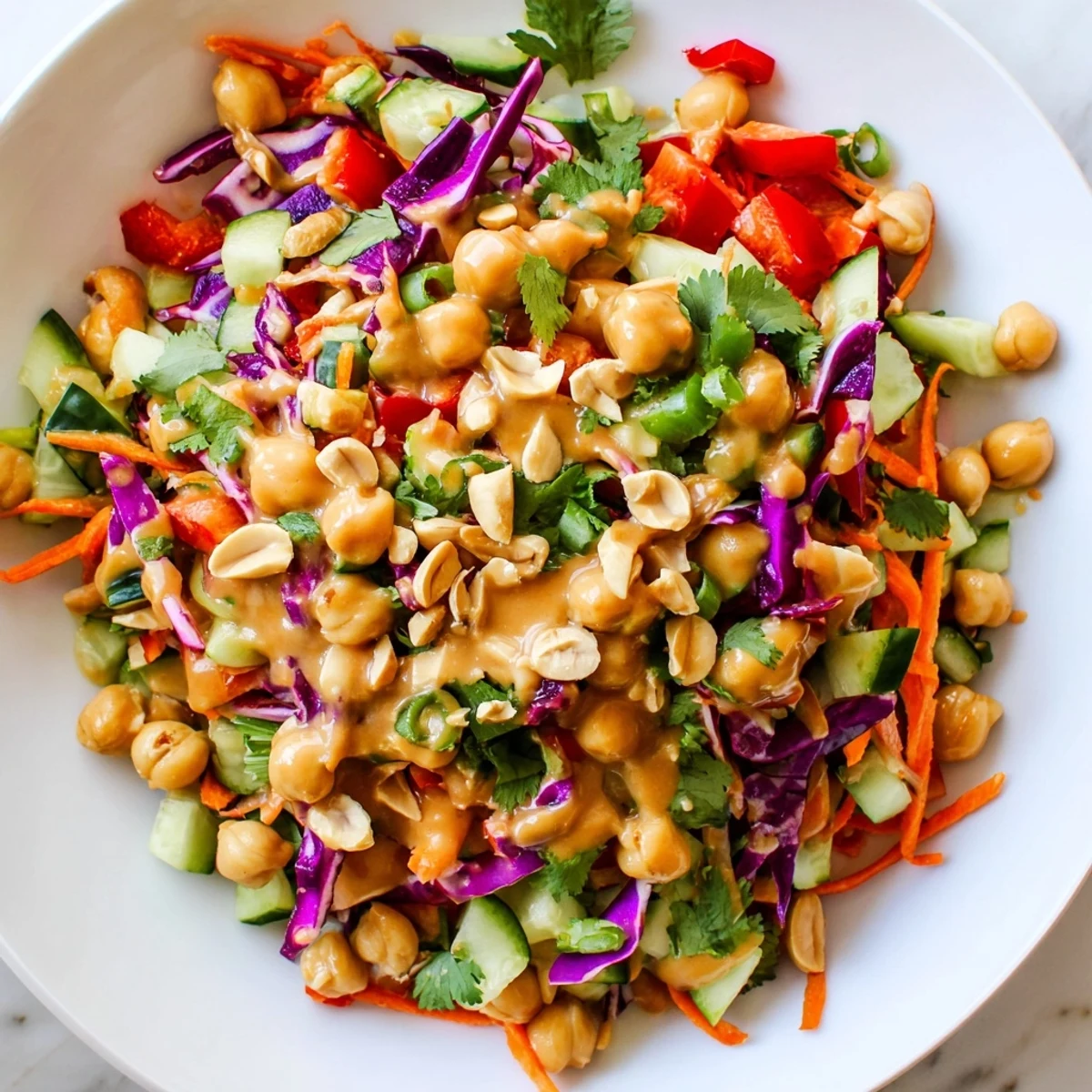 Crunchy Thai chickpea salad tossed in creamy peanut dressing with colorful vegetables