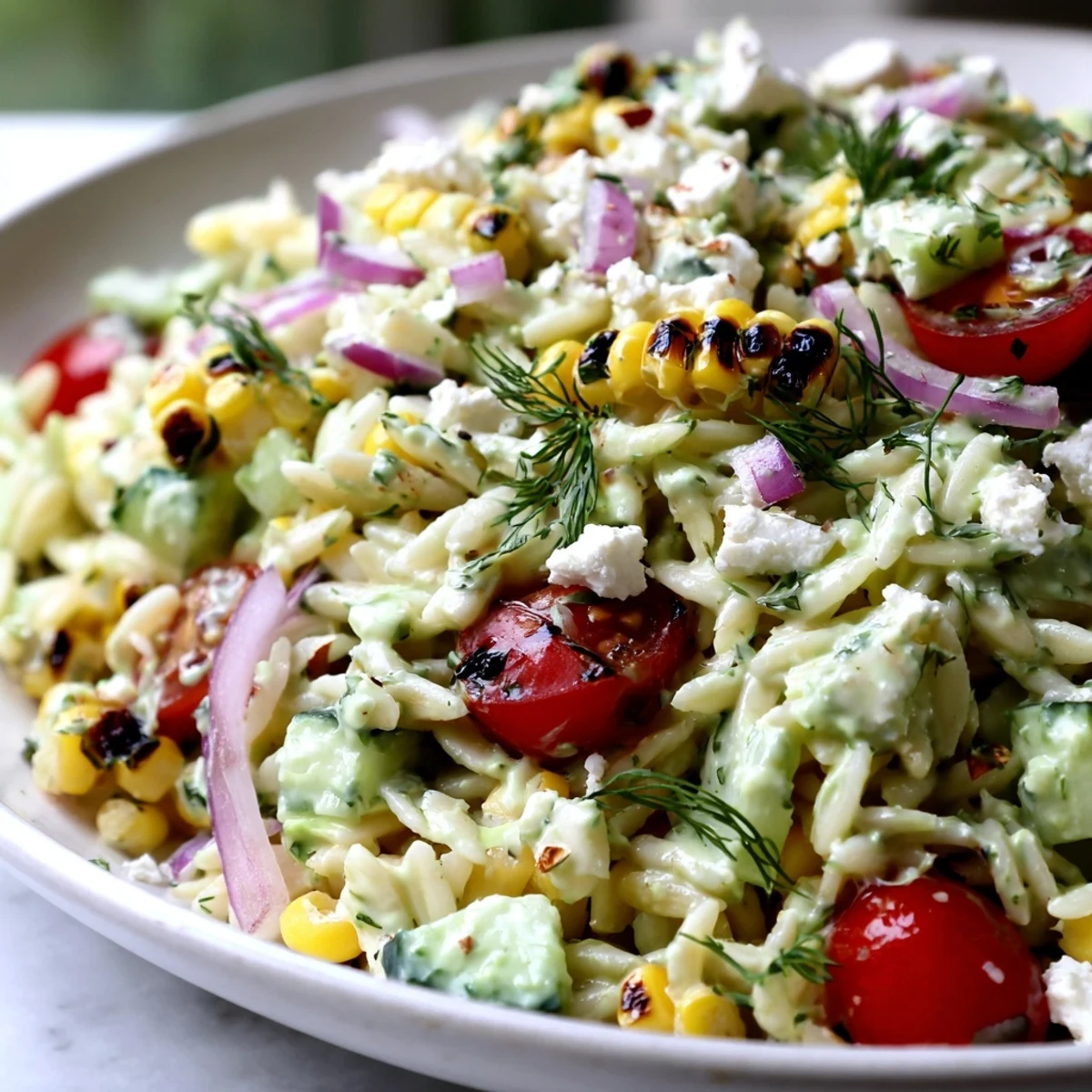 Smoky grilled corn orzo salad topped with crumbled feta and creamy dill dressing