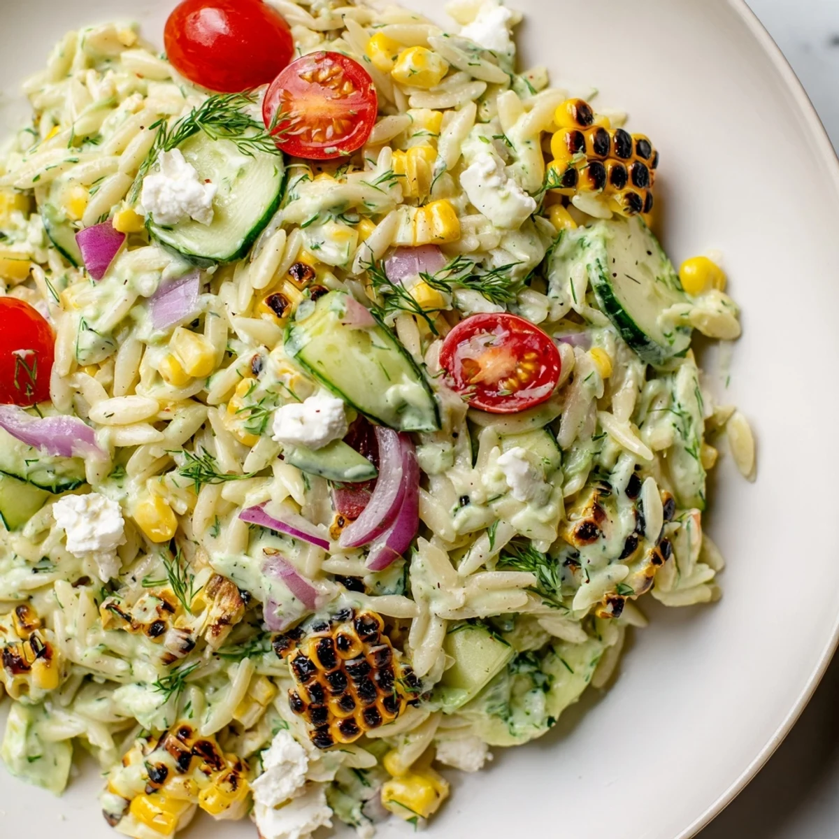 Grilled corn orzo salad in a bowl with cherry tomatoes and herb dressing