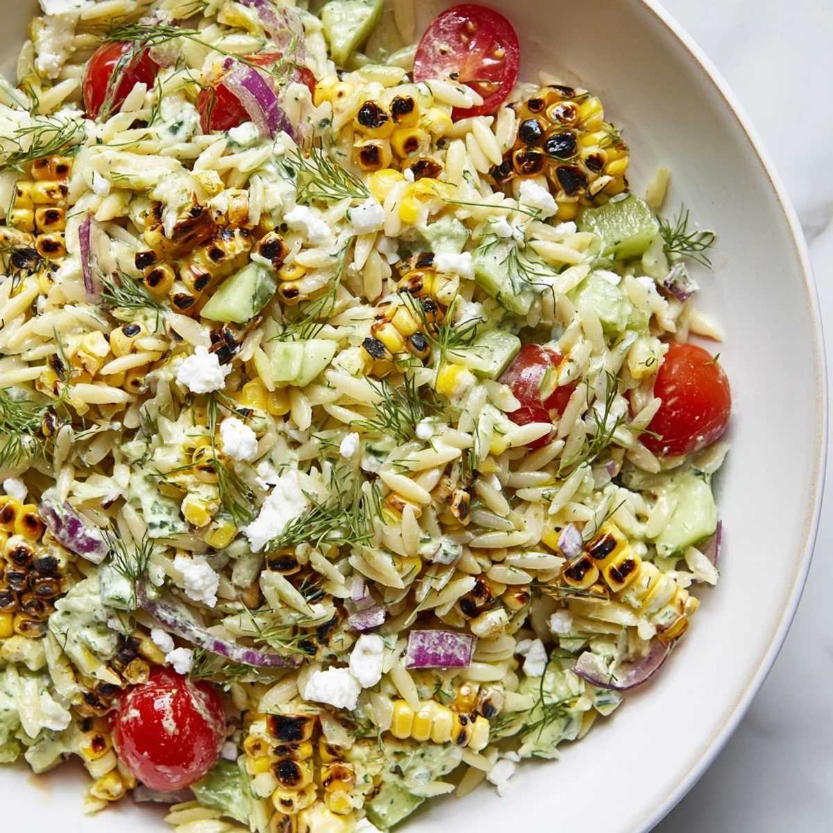 Charred grilled corn orzo salad served fresh with scallion dill dressing and feta