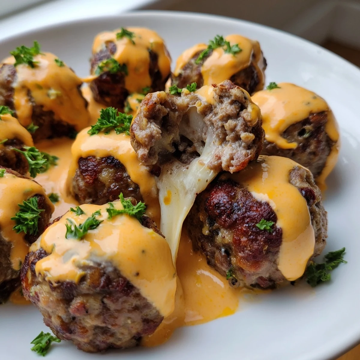 Golden cheese stuffed meatballs swimming in creamy spicy cheese sauce on a rustic plate