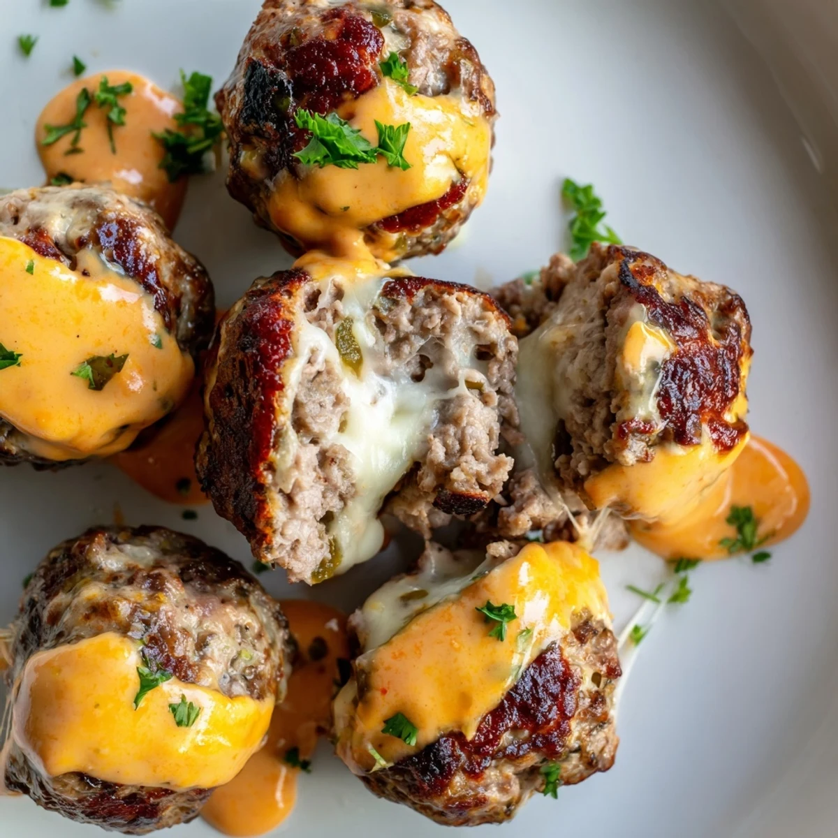 Juicy cheese stuffed meatballs with spicy cheese sauce drizzled generously over toasted crusty bread