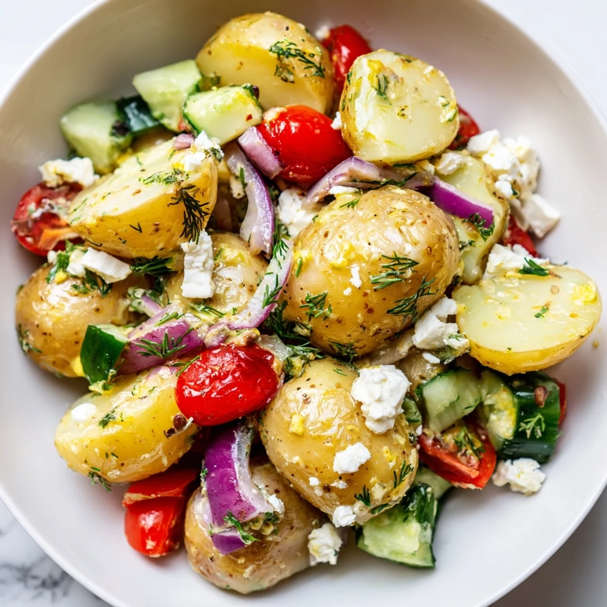 Creamy potato and feta salad topped with fresh herbs and juicy tomatoes