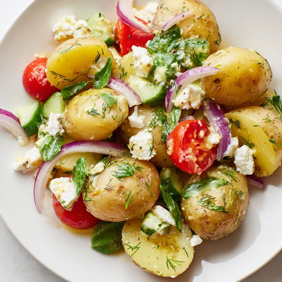 Crumbled feta and tender potatoes tossed in a bright lemon herb dressing