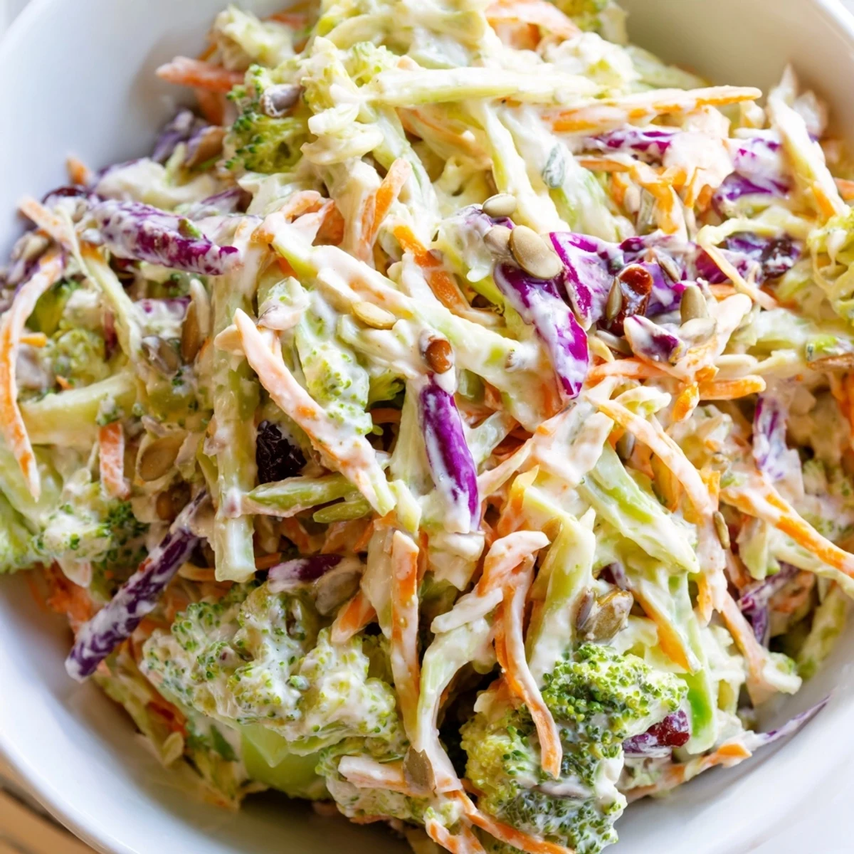 Creamy broccoli slaw with shredded carrots and tangy dressing in a serving bowl