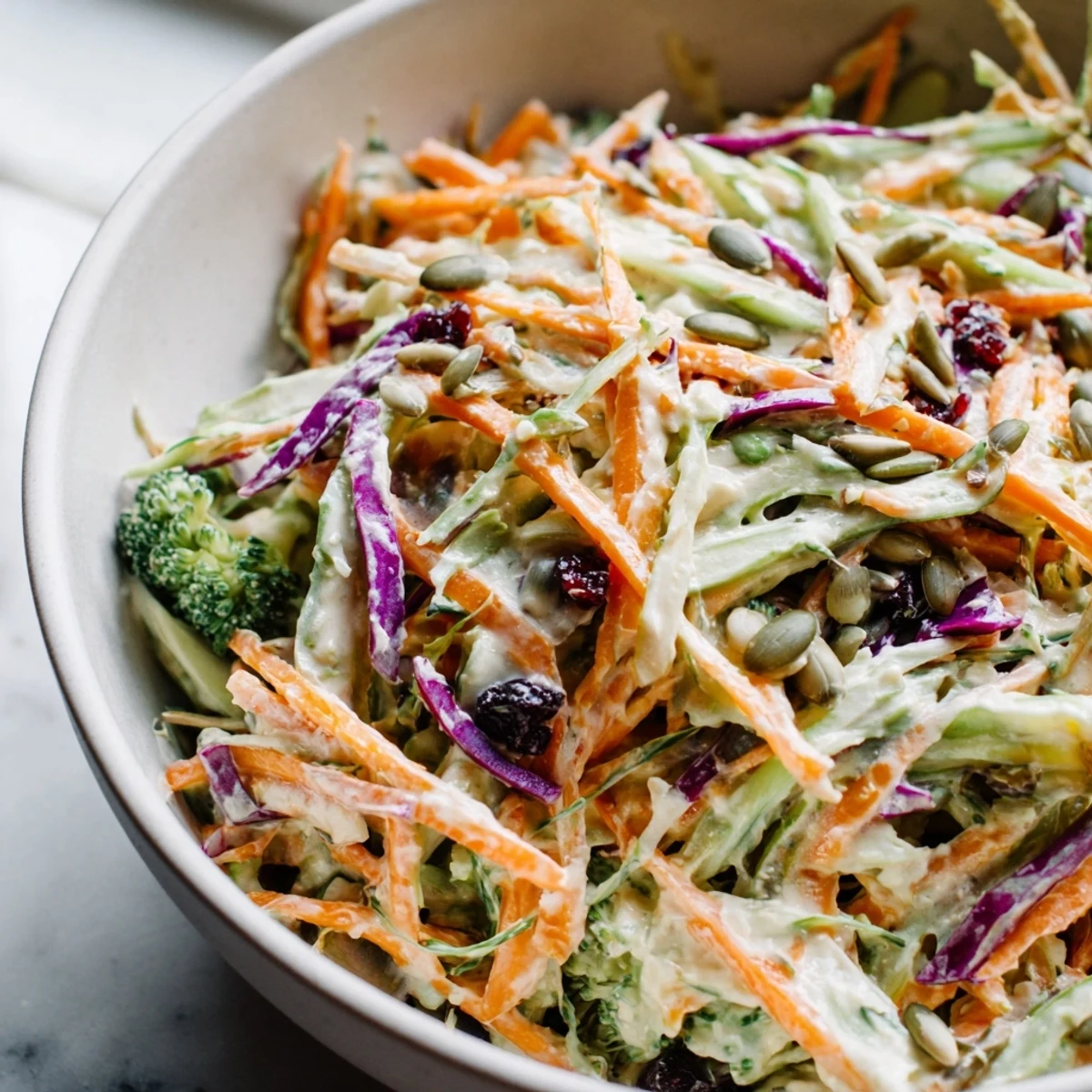 Fresh broccoli slaw topped with sunflower seeds and dried cranberries on a plate