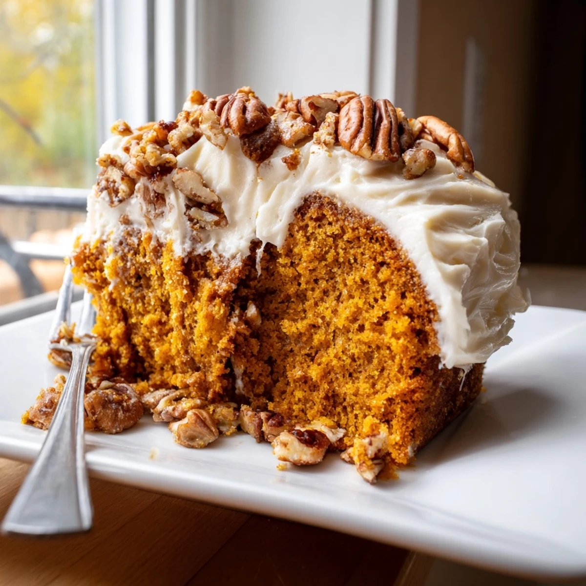 A warm slice of pumpkin pecan cake with thick cinnamon cream cheese icing on a rustic plate
