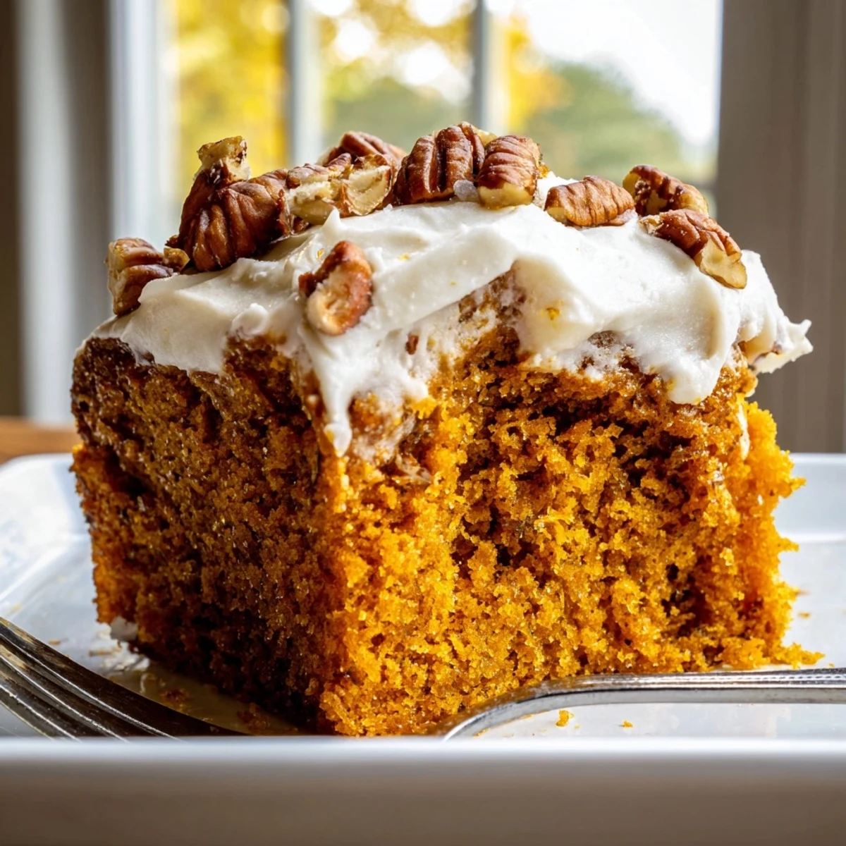 Moist pumpkin pecan cake topped with swirled cinnamon cream cheese frosting and scattered toasted pecan pieces
