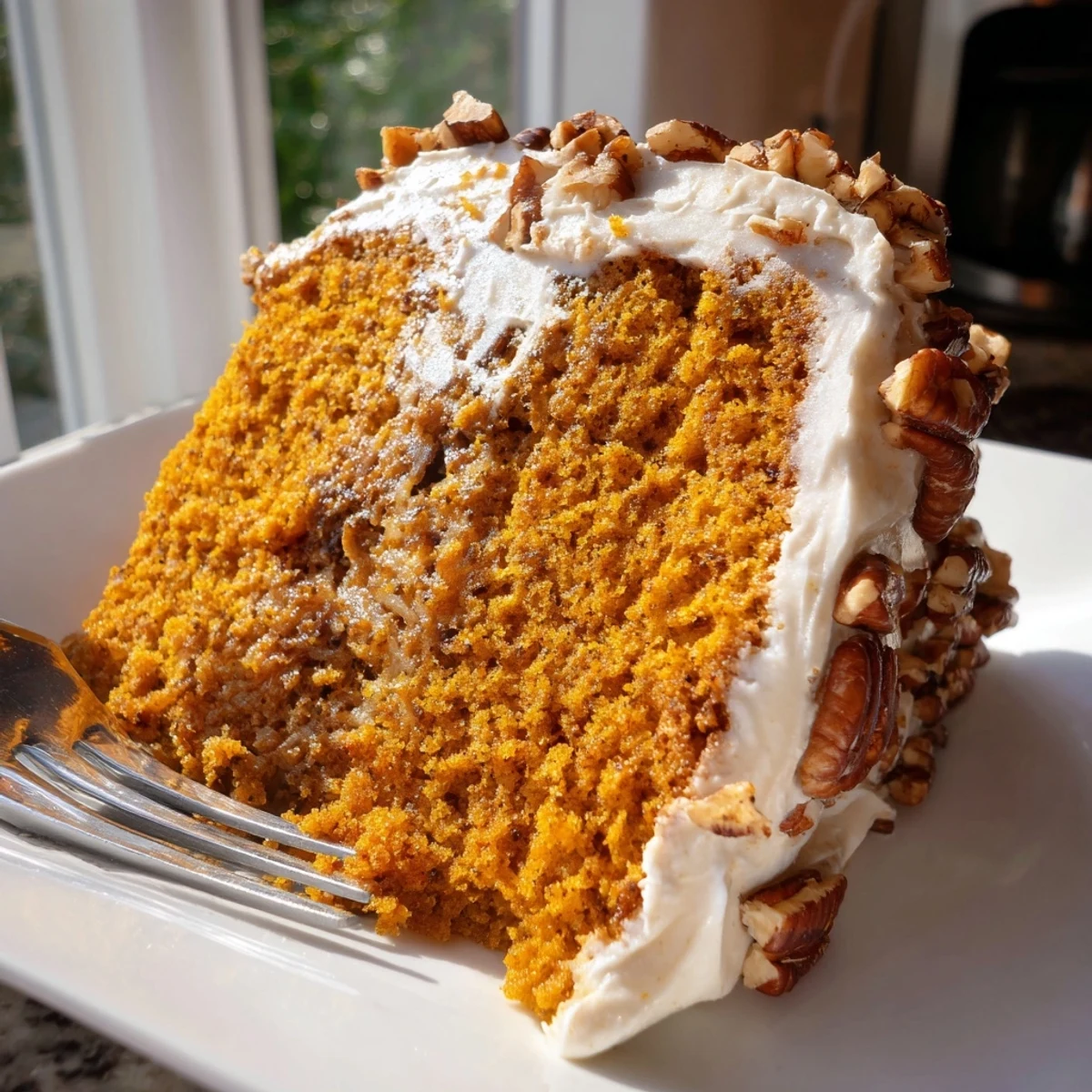 Freshly baked pumpkin pecan cake covered in velvety cinnamon cream cheese icing ready for a fall gathering