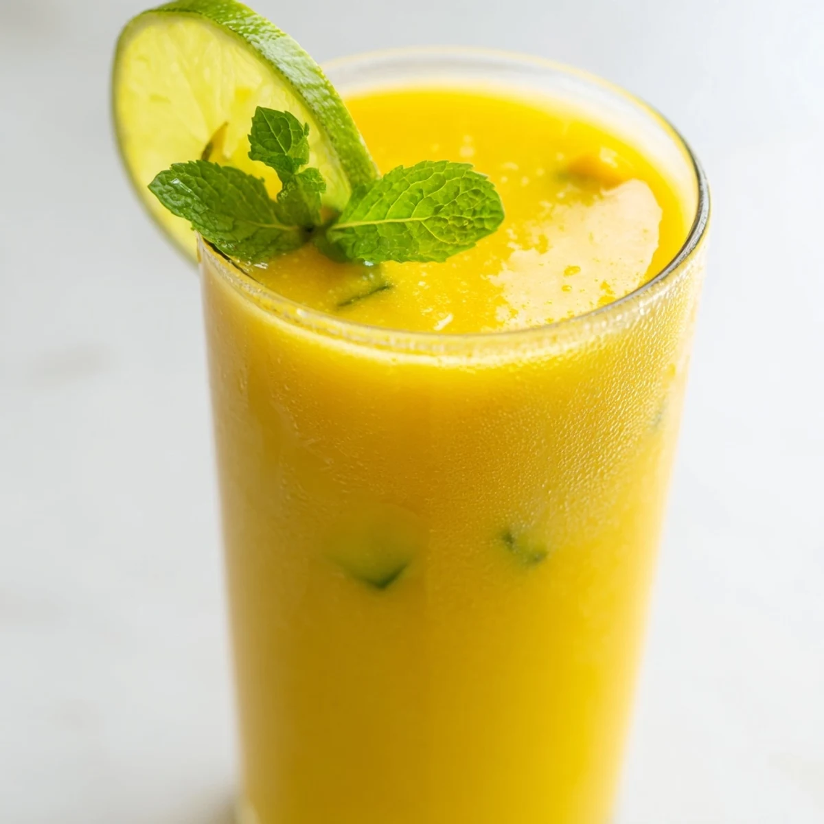 Creamy golden mango cucumber smoothie poured into two mason jars with striped straws