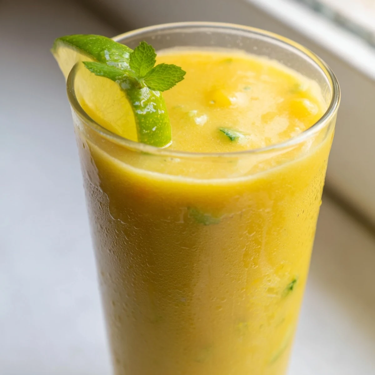 Bright tropical mango cucumber smoothie blended smooth and served over ice on a sunny patio table