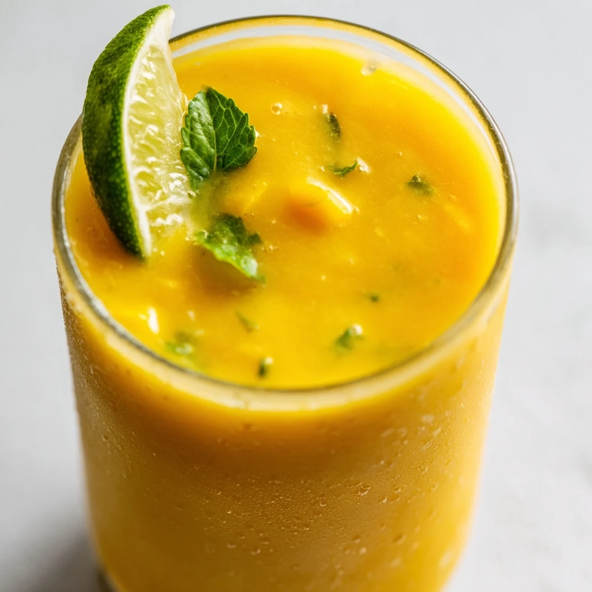 Tall glass of mango cucumber smoothie garnished with fresh mint and lime wedges