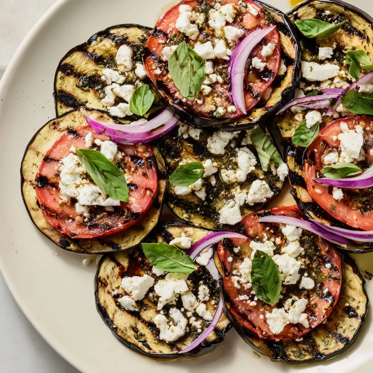 Grilled tomato eggplant slices with charred edges drizzled in balsamic marinade on a rustic plate