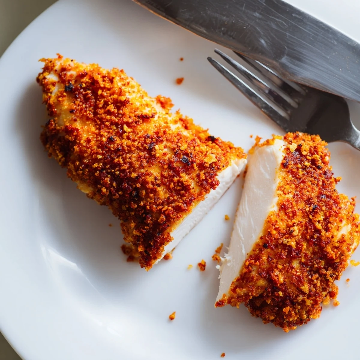 Crispy golden Paprika Parmesan chicken fresh from the oven on a rustic plate