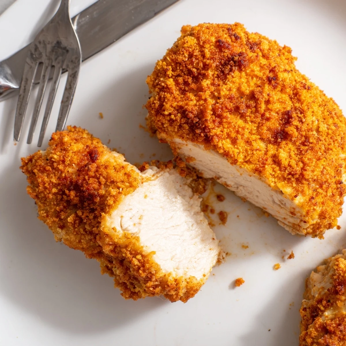 Juicy Paprika Parmesan chicken sliced open revealing tender meat inside a crunchy herb crust