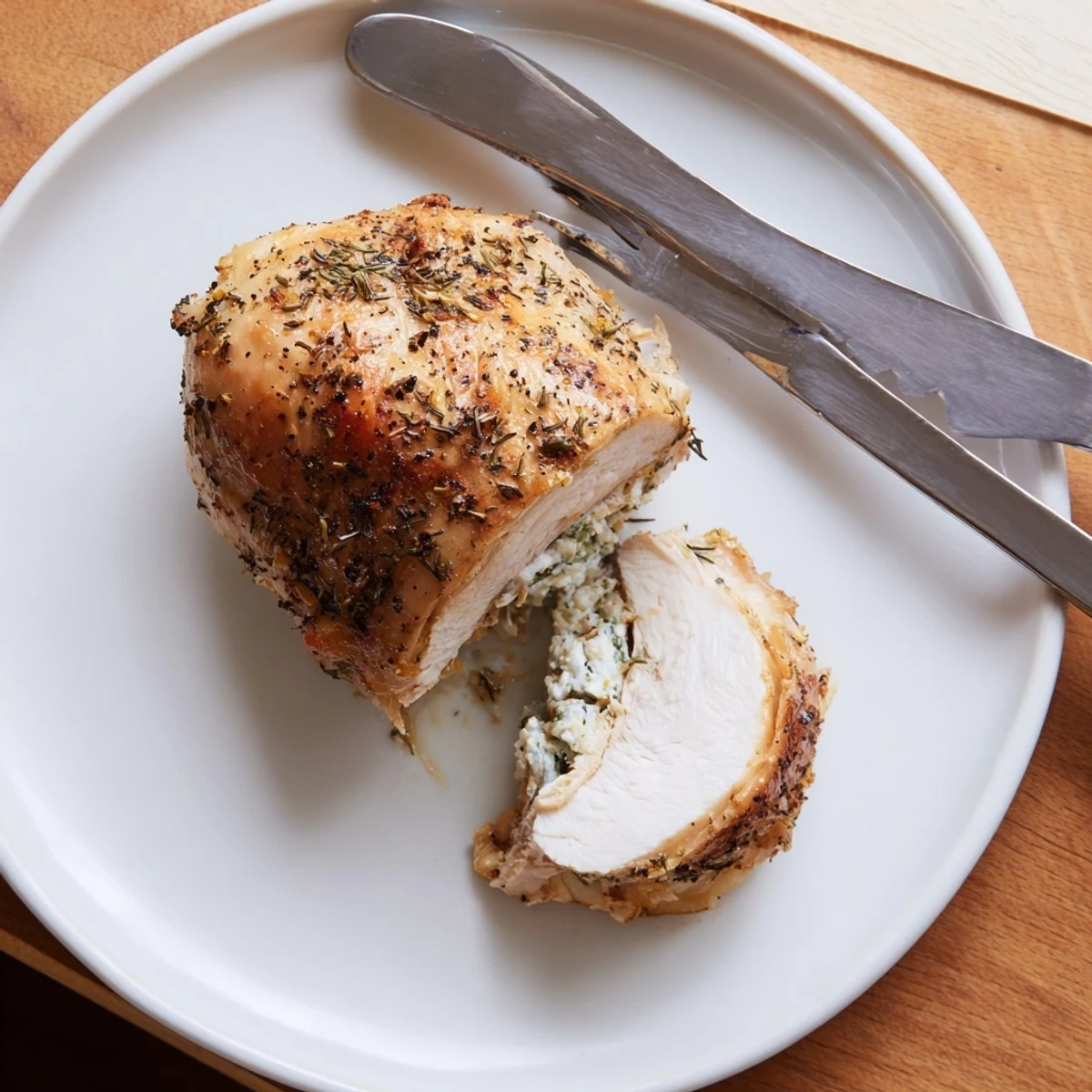 Creamy goat cheese chicken sliced open to reveal a savory herb filling