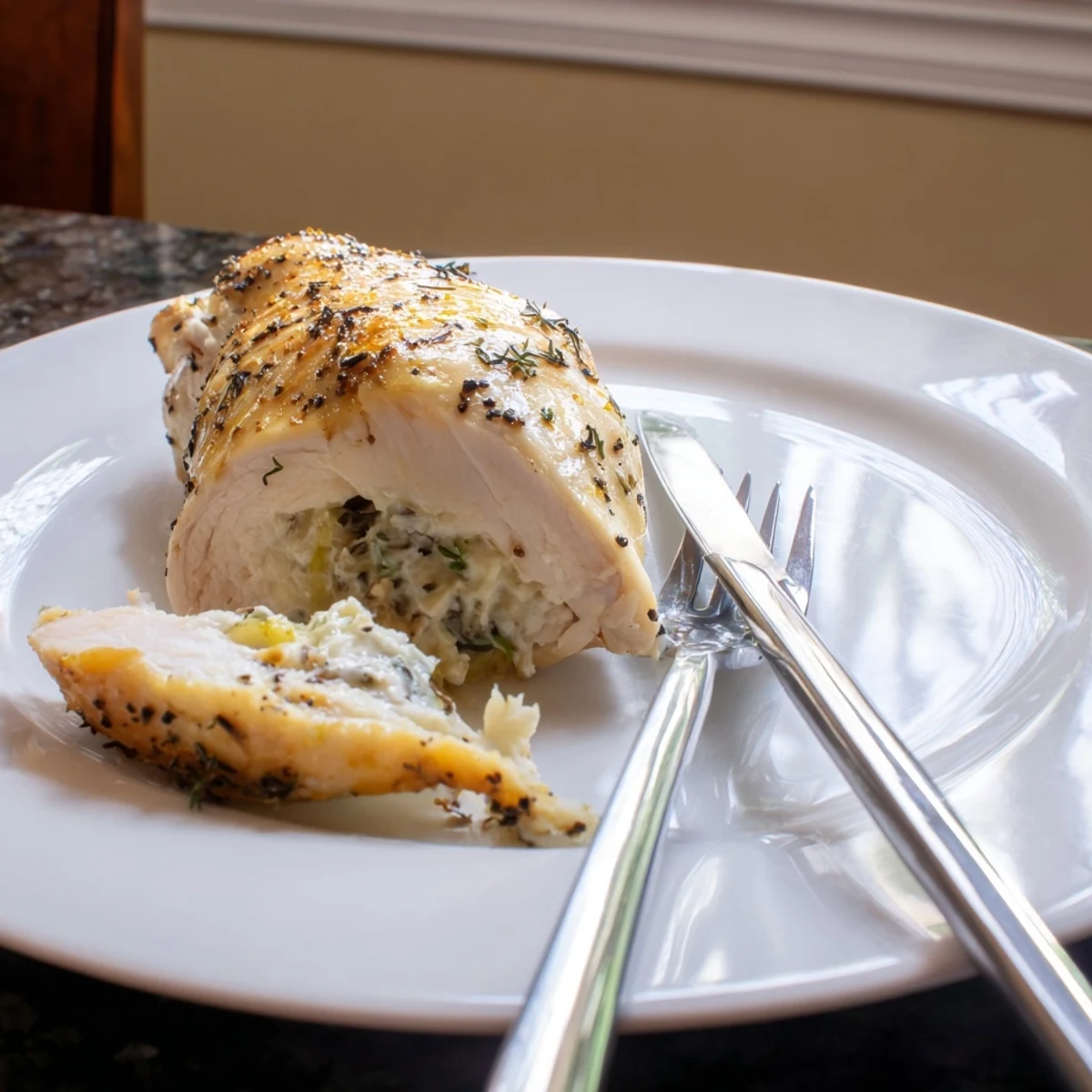 Oven-roasted goat cheese chicken resting on a plate with roasted vegetables alongside