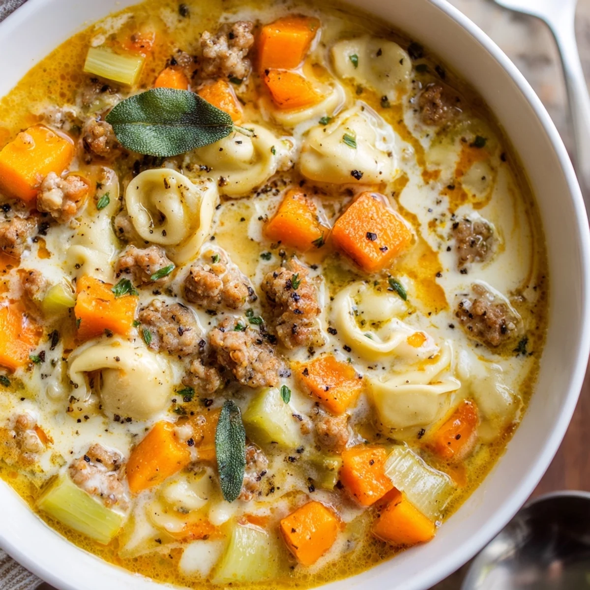Creamy butternut squash sausage tortellini soup steaming in a rustic bowl with golden cheese swirl