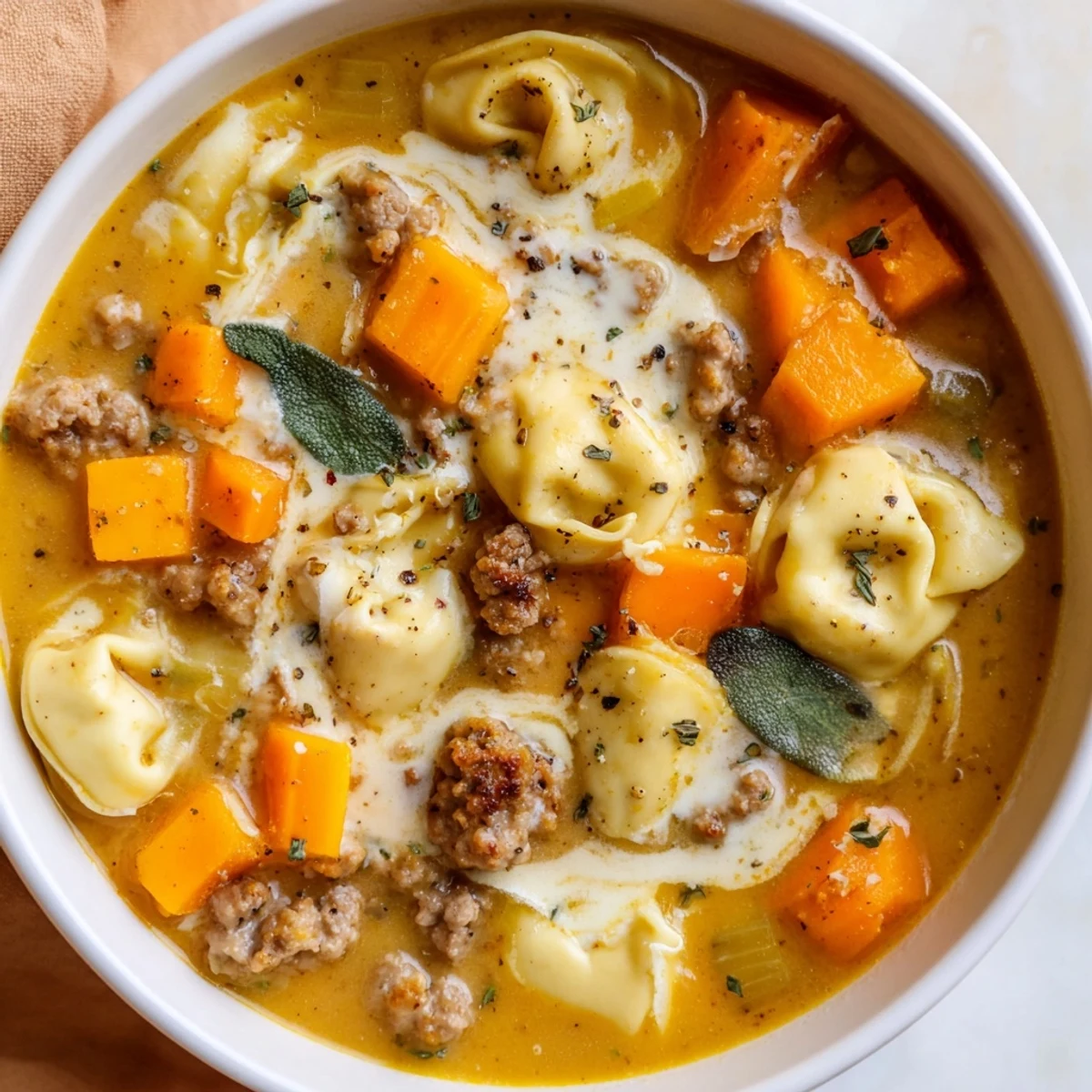 Golden butternut squash sausage tortellini soup topped with fried sage leaves and cheesy drizzle