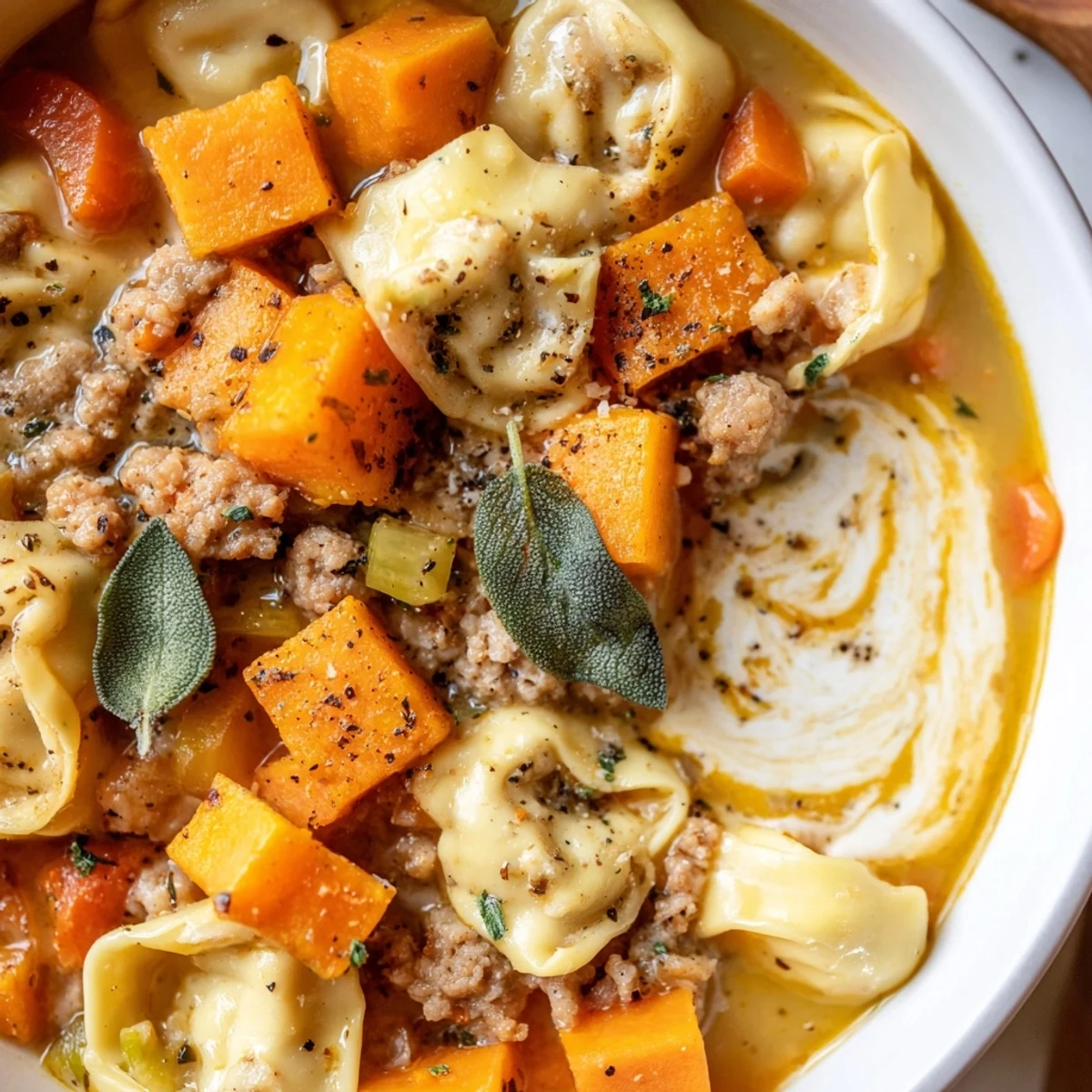 Hearty butternut squash sausage tortellini soup ladled into a white bowl with creamy Parmesan swirl