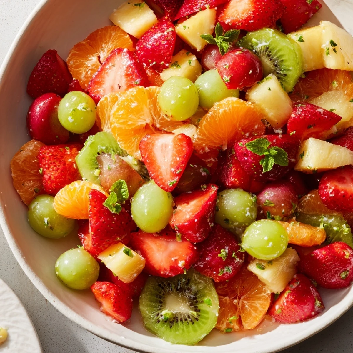 Colorful fresh fruit bowl with strawberries, kiwi, and pineapple in a citrus dressing