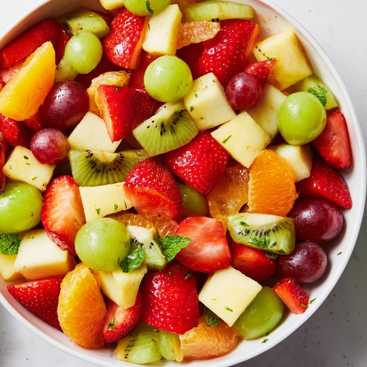 Refreshing fruit bowl served in a white dish topped with finely chopped mint